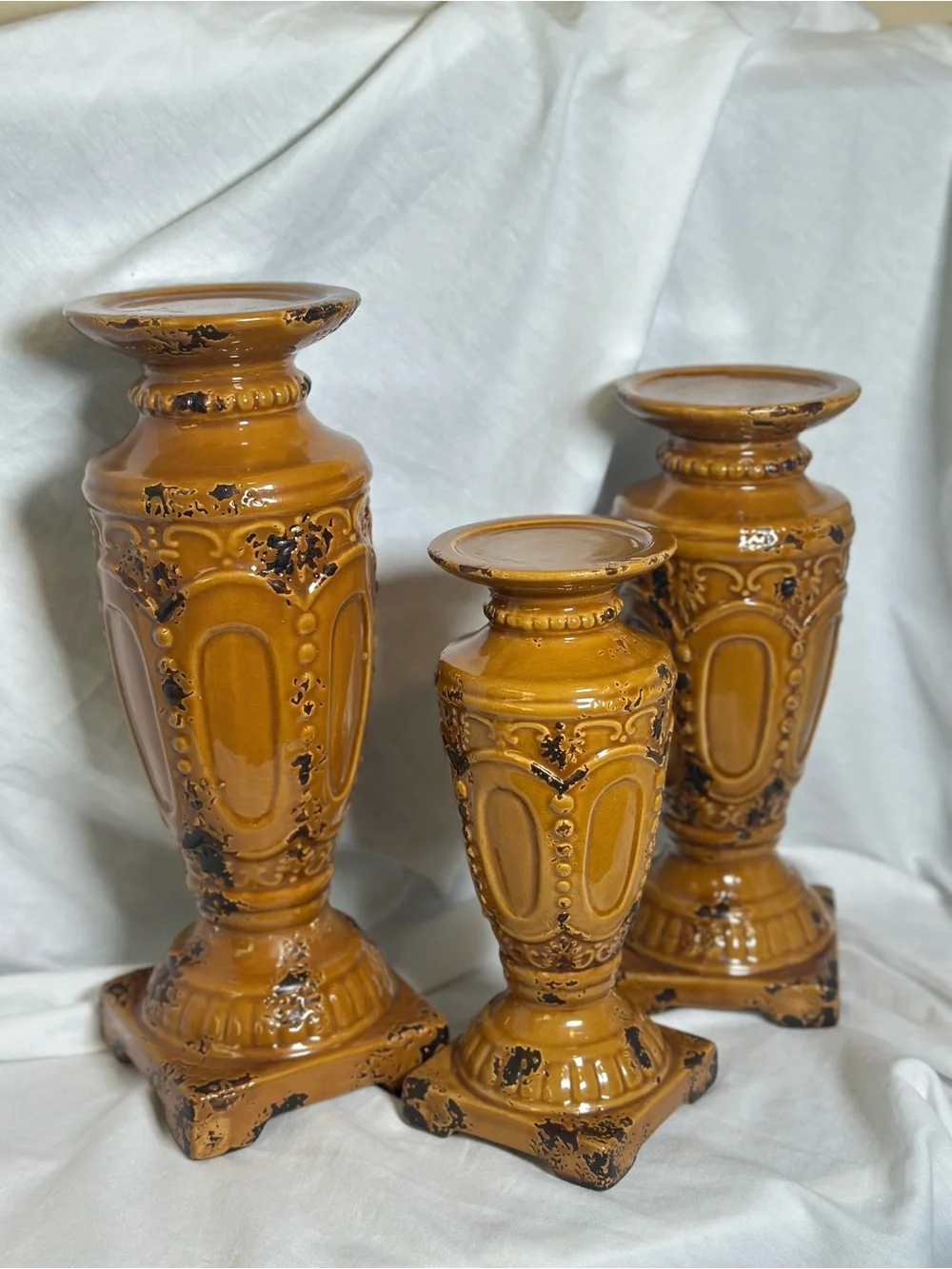 Vintage-Style Ceramic Pedestal Candle Holders - Ochre Brown (Set of 3) French C